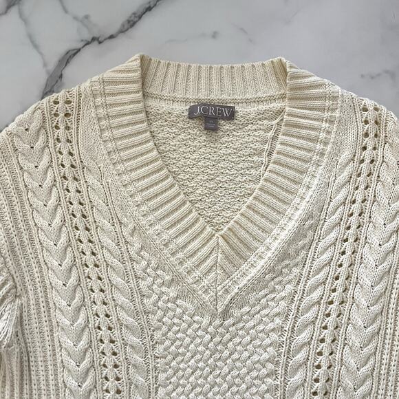 J.Crew Cable-Knit V-Neck Pullover Cream XS tennis prep Aran Sweater Scandi Chic - Picture 6 of 11